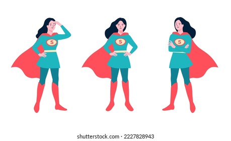 Superheroes women character. Longhaired superwoman actions set in cartoon colored style with different poses. Superhero costume waving cloak. Wonder female hero. Flat vector illustration Simple style.