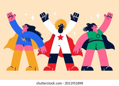 Superheroes Women And Superpower Concept. Positive Confident Female Hero Characters In Hero Costumes Standing Waving Cloaks Vector Illustration