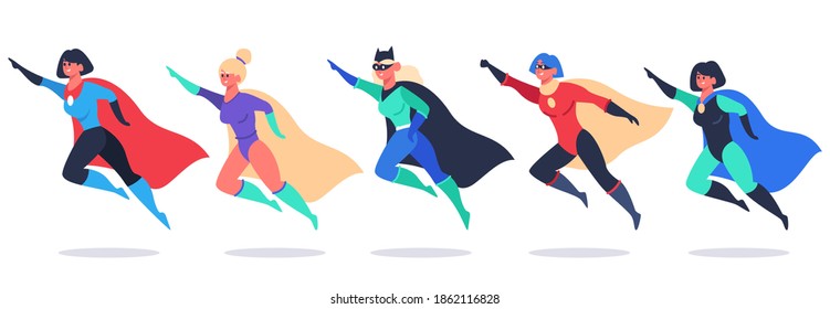 Superheroes women. Wonder female characters, super girls in superhero waving cloak costume, powerful woman superhero vector illustration set. Flying beautiful heroes wearing mask and cape