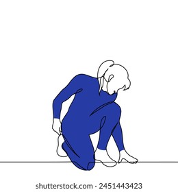 superheroine in a blue suit bowing in a low heroic stance - one line art vector. concept woman athlete or strongwoman