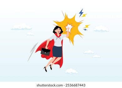 Superheroine businesswoman with superpower to win business success, strength, power to control and finish work, confidence great responsibility, courage, strong positive attitude with fearless mindset