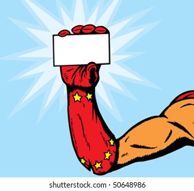 Superheroine holding card.  Anything can be put on it.  With vector, hand is fully drawn and card can be removed.