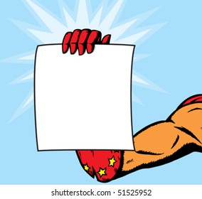 Superheroine holding page.  Anything can be put on it.  With vector, hand and flyer are on separate layers and can slightly be modified.