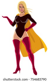 Superheroine presenting your text or product with smile. 