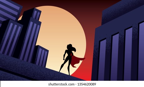 Superheroine watching over the city from the roof of a tall building at night.
