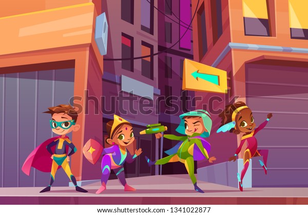 スーパーヘロスの子どもたちは 楽しそうな笑顔を持つ街の通りの漫画のベクター画像コンセプト ファンタジーや童話の衣装を着た多民族の少年 や女の子 遊び 楽しいアウトドアイラストを持つ お客様のパーティー のベクター画像素材 ロイヤリティフリー