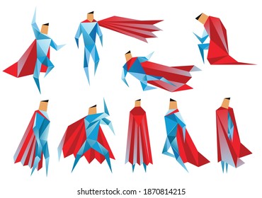 Superheros low poly. Vector polygonal illustration of super heros, origami style icon, modern cartoon man characters. Superheros in different poses on white background