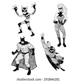 Superheros sketchy vector drawings set isolated on white background