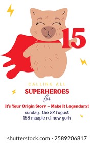 Superhero-themed birthday invitation featuring a cheerful capybara in a red cape. Perfect for children's parties, digital invites, posters, and celebration decor. Bold typography and playful elements 