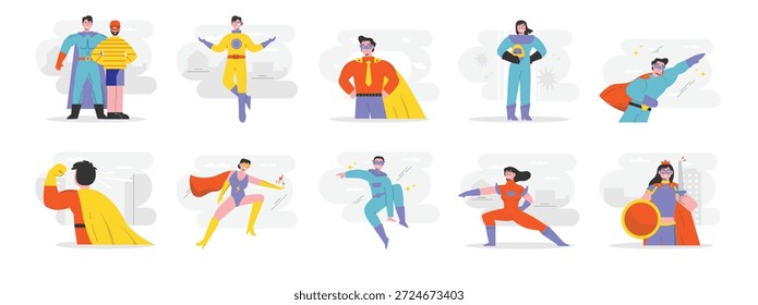 Superhuman catches bad guys, powers save the world. Character design. Vector flat illustration.