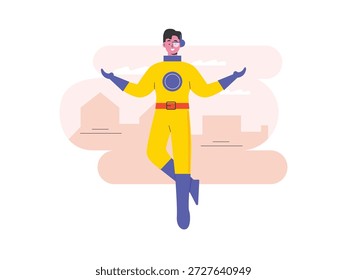 Sobrehumano flotando confiadamente por encima, más poder. Diseño de personajes. Ilustración plana de Vector.