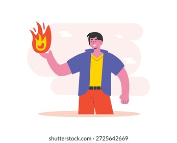 El hombre sobrehumano tiene el poder de emitir fuego de sus manos. Diseño de personajes. Ilustración plana de Vector.