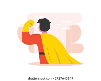 Superhuman man showing off his muscles in costume and cape, helping people. Character design. Vector flat illustration.