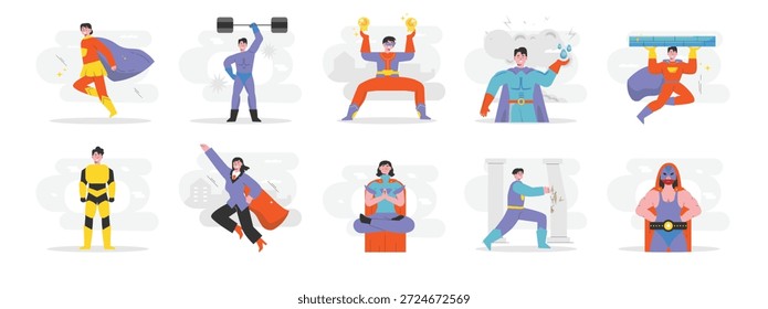 Poderes sobrehumanos, con muchas ventajas fuertes. Diseño de personajes. Ilustración plana de Vector.