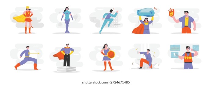 Sobrehumano con fuertes poderes, vistiendo un disfraz. Diseño de personajes. Ilustración plana de Vector.