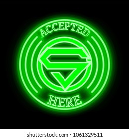 Superior Coin (SUP) green  neon cryptocurrency symbol in round frame with text "Accepted here". Vector illustration isolated on black background