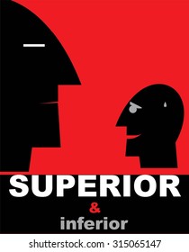 superior and inferior.simple flat design of superior and inferior person.simple human heads silhouette showing the dominant person and inferior one on red background. anxiety. Domination. Dominated.

