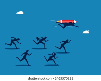 Superior learning. Businessman flies with a rocket pencil over the crowd