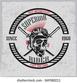 Superior rider with hand drawn skull and glasses, t-shirt design, dusty background