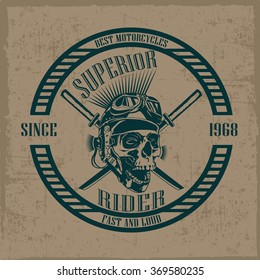 Superior rider with hand drawn skull and glasses, t-shirt design, dusty background