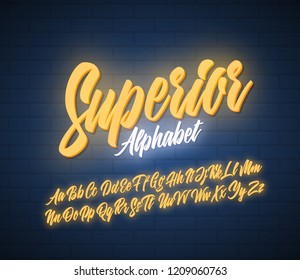 Superior script lettering lightbox alphabet. Vector font.