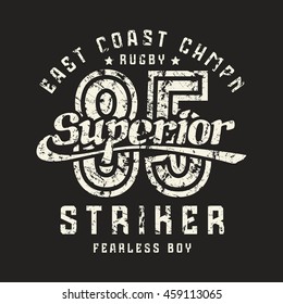 Superior striker emblem in retro style. Graphic design for t-shirt. White print on black background