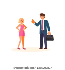 Superior and subordinate professional relationship concept. Boss reproaching his employee. Businessman reprimands or reproof his female subordinate. Flat Art Vector illustration
