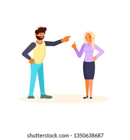 Superior and subordinate professional relationship concept. Boss reproaching his employee. Businessman reprimands or reproof his female subordinate. Flat Art Vector illustration