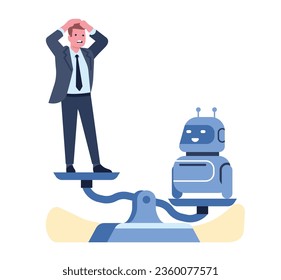 Superiority of artificial intelligence over humans. Businessman and robot on scales. Worker and AI technology competition. Rival with android. Productivity comparison