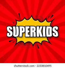 Superkids logo template. Frame with divergent rays. Super kids shield.