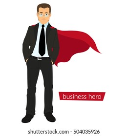 Superman Business. A Man In A Business Suit With A Red Cape As The Concept Of A Super Businessman. Vector Illustration.