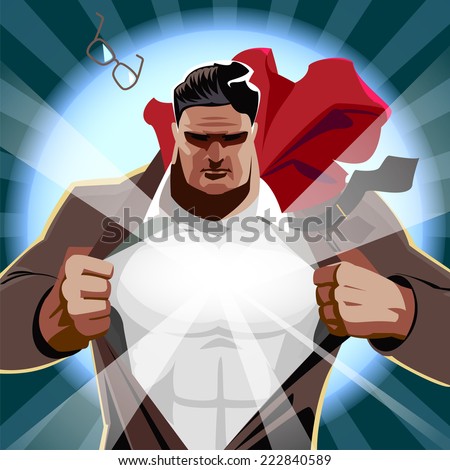 Superman businessman open his shirt. Superhero