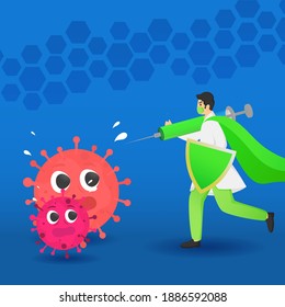 Superman Or Doctor Fight Against Coronavirus Using Vaccine Syringe With Security Shield On Blue Background.