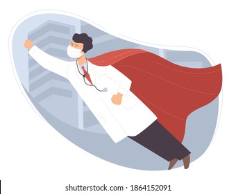 Superman Doctor Wearing Protective Mask And Gown, Hero Medical Worker. Coronavirus Disease Curing And Treatment. Male Character Flying High In City, Brave And Heroic Person. Vector In Flat Style