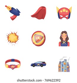 Superman, explosion, fire, and other web icon in cartoon style.Pistol, weapons, innovations, icons in set collection.