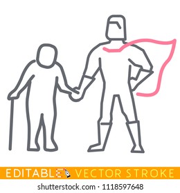 Superman Hero Cares About Senior. Gerontology Concept. Editable Stroke Sketch Icon. Stock Vector Illustration.