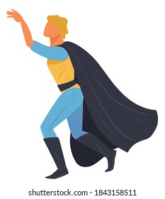 Superman heroic character wearing distinctive costume with cape and boots. Confident super hero male character. Personage with powers, strength and abilities, carnival or holiday vector in flat