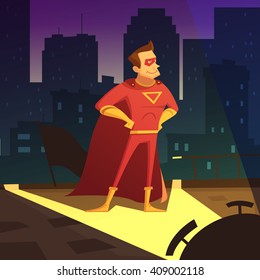Superman in night city cartoon background with blocks of flats vector illustration