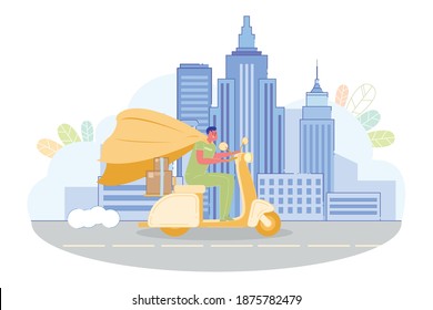 Superman Riding on Scooter with Boxes on Trunk in City Background Flat Cartoon Vector Illustration. Fst Delivery Service. Parcel or Purchase Shipment. Man Worker Hurrying to Customer.