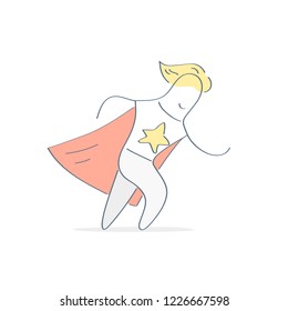 Superman, super hero ready to save the day. Cute funny cartoon character man in a hurry to help, symbol of protection, brave, courage. Outline editable vector illustration.