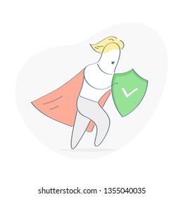 Superman, super hero ready to save the day. Cute funny cartoon character man in a hurry to help, symbol of protection, brave, courage, secure. Outline editable vector illustration.