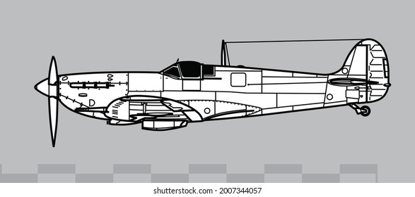 Supermarine Spitfire Mk V. Vector Drawing Of WW2 British Fighter Aircraft. Side View. Image For Illustration And Infographics.