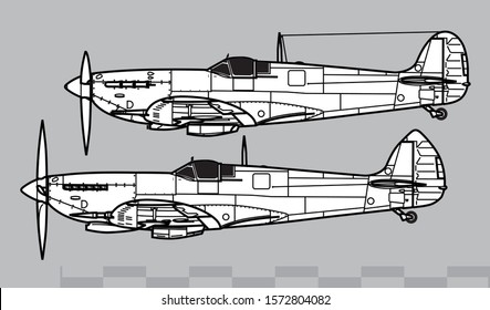 Supermarine Spitfire V - IX. Outline Vector Drawing. World War 2 Combat Aircraft. Vector Drawing For Illustration