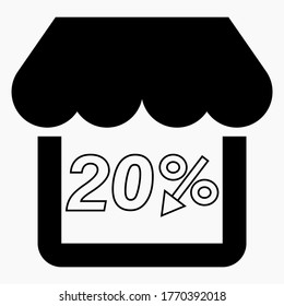Supermarket 20% discount. Store building and percentage discount. Price drop. Sale at the supermarket. Vector icon