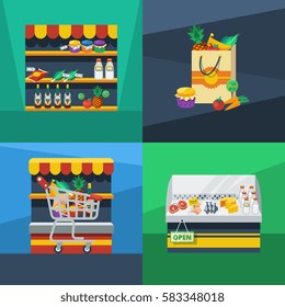 Supermarket 2x2 flat design concept with best price eco food shopping cart and fresh products compositions vector illustration   