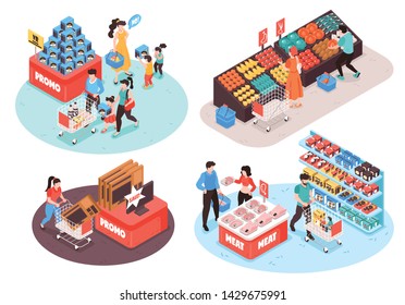 Supermarket 4 isometric compositions concept with fruits vegetables meat poultry grocery promo sections customers isolated vector illustration  