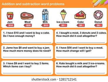 At the supermarket, Addition and Subtraction word problems - Worksheet for education.