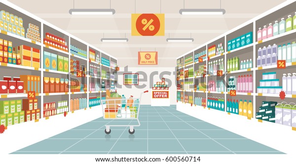 Supermarket aisle with shelves,\
grocery items and full shopping cart, retail and consumerism\
concept