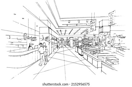 supermarket area sell various products sketch drawing,Modern design,vector,2d illustration
