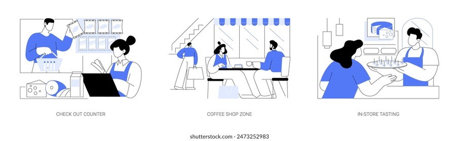 Supermarket areas isolated cartoon vector illustrations set. Person making impulse purchase at check out counter, coffee shop zone, in-store tasting, food product promotion, shopping vector cartoon.